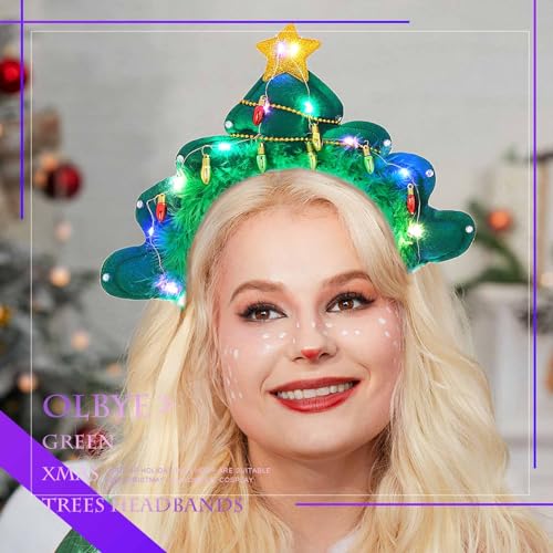 Olbye Light Up Christmas Headbands LED Christmas Tree Hairbands Glow Hair Hoop Star Xmas Costume Headpiece Festival Headwear Holiday Party Hair Accessories for Women