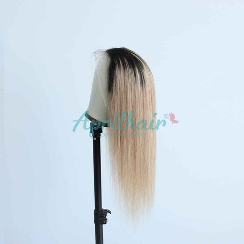 Aprilhair Pre-plucked Ombre #1B/27 Dark Root Honey Blonde Ear To Ear Lace Front Wigs Straight Glueless 150% Density Brazilian Virgin Human Hair With Baby Hair Full (18" inch, Lace Front Wig Straight)