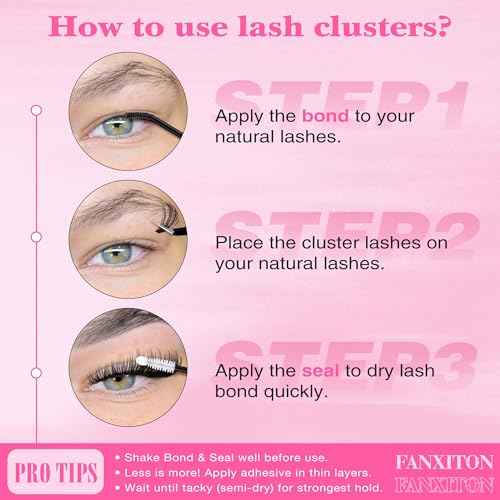 FANXITON DIY Lash Extension Kit Volume Lash Clusters 40D+50D D Curvature Individual Lashes Lash Clusters Kit Thick Eyelash Extension Kit 280 pcs Thin Band Cluster Lashes Lash Bond and Seal Tweezers