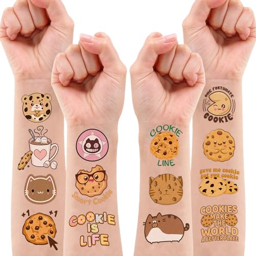 96PCS Cookie Pre-Cut Temporary Tattoos 8 Sheets 96PCS Milk and Cookies Party Decorations Supplies Favors Candyland Theme Birthday Cute Stickers Christmas Gifts for Boys Girls Class School Prizes