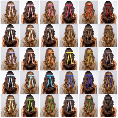 Mimorou 30 Pcs Hair Bow Clips Bulk Ribbon Bowknot Satin Tassel Hair Clips Barrettes Accessories with Long Tail for Women Girls