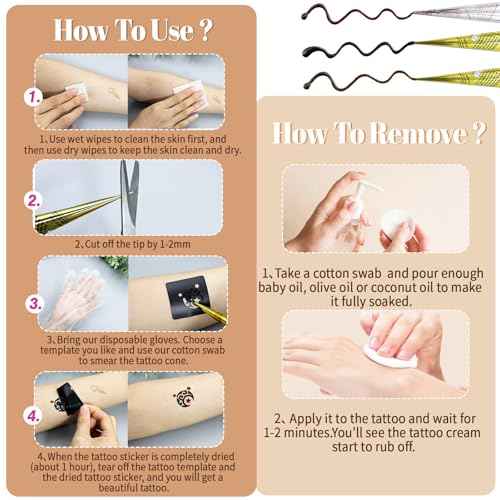 136 Pcs Temporary Tattoo Stencils Kit, 3 Pcs Tattoo Cones 3 Color (Black/Maroon/Cherry Red/) Reusable Templates and Cotton Swabs, DIY Body Art Skin Painting Designs for Women Men Adults Kids Gifts