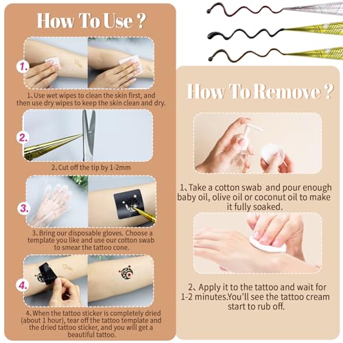 136 Pcs Temporary Tattoo Stencils Kit, 3 Pcs Tattoo Cones 3 Color (Black/Maroon/Cherry Red/) Reusable Templates and Cotton Swabs, DIY Body Art Skin Painting Designs for Women Men Adults Kids Gifts