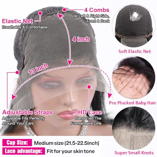 180 Density 13x4 HD Lace Front Wigs Human Hair Pre Plucked with Baby Hair Transparent Glueless Brazilian Deep Wave Frontal Wigs for Women Natural Black Color