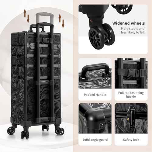 Profesional Rolling Makeup Train Case with Lid, 5 in 1 Cosmetology Case on Wheels, Large Cosmetic Trolley Organizer Travel for Hairstylist Artist Nail Beauty Salon Barber, Black Ink