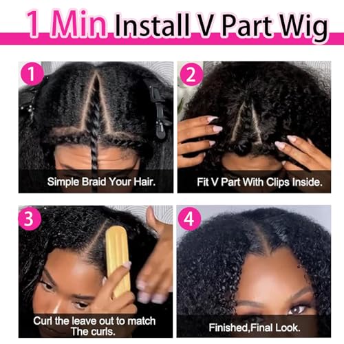 Afro Kinky Curly V Part Human Hair Wigs Human Hair 200% Density Upgrade Afro Curly V Part Wigs With Drawstring Clip In Half V Shape Wigs For Women, Beginner Friendly,Natural Color(16 Inch)