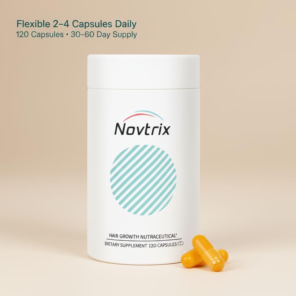 Novtrix Hair Growth Nutraceutical – Biotin, Marine Collagen & Herbal Synergen Complex – Drug‑Free Support for Thicker, Fuller Hair & Balanced Hormones for Men & Women – 120 Capsules