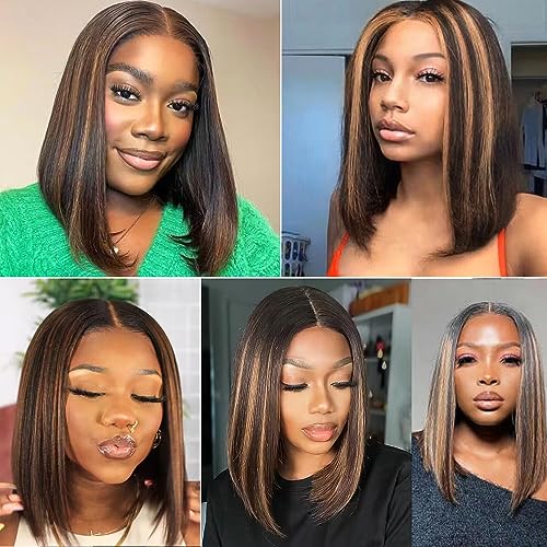 Straight Highlight Ombre Bob Wig Human Hair 4x4 Lace Front Wigs 1b/30 Colored Highlights Honey Blonde Lace Closure Wigs Glueless Pre Plucked Hairline 180% Density Bob Wigs for Women 14 Inch