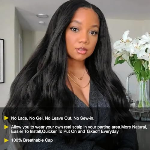 Sunber V Part Wig Human Hair Glueless Wig Kinky Straight Upgrade No Leave Out Vpart Kinky Straight Wigs 150% Density Glueless Clip in Half Wigs No Glue No Sew in Beginner Friendly 18Inch