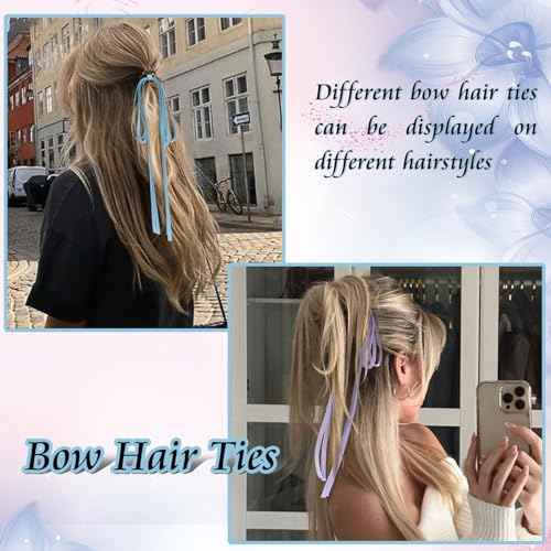 2PCS Silky Satin Bow Tassel Ribbon Bowknot Hair Ties and Ponytail Holders for Women, Girls, Teens (Purple+Blue)
