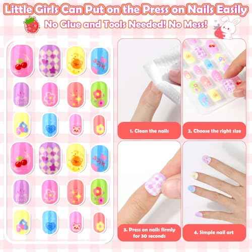 288 Pieces Kids Nails Press ons for Girls, Acejoz Fake Nail Set Pre Glue Stick on Short Nails for Children Little Girls 8-12 Year Nail Art Decoration