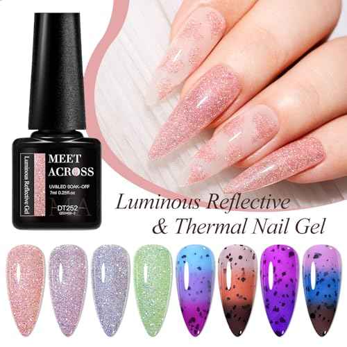 MEET ACROSS Gel Nail Polish Set, 8 Colors, UV/LED Soak Off (Luminous Diamonds + Eggshell Warming Gel, 8pcs)
