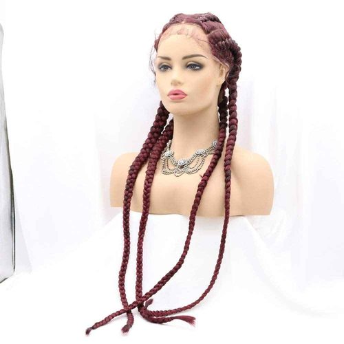 RainaHair 4 Twist Hand Braided Lace Front Wigs 32 Inches 1B# Black Mixed 27# Wig with Baby Hair 100% Hand-Braided Brown for Women (32 Inch) (Red)