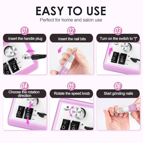 Subay 30000RPM Professional Nail Drill Machine for Acrylic Nails, Gel Nail, Nail Art Polisher Sets with 6 Bits Easy Build-in Bit Holder Twist Lock Changing Bit
