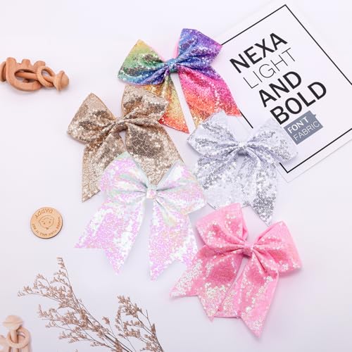 12-Color Jumbo Glitter Cheer Bow Clip ? 7¡± Sequin Hair Bow for Girls, Perfect for Softball, Uniforms, Christmas, Halloween, and Special Occasions