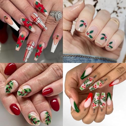 4 Sheets Christmas Nail Art Stickers 5D Embossed Holly Leaf Nail Decals Winter Christmas Tree Elk Snowflake Design Self Adhesive Nail Art Supplies for Women Acrylic DIY Holiday Manicure Decoration