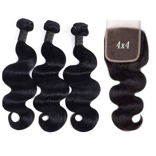 12A Body Wave Human Hair Bundles with Closure 18 20 22Inch Brazilian Body Wave 100% Unprocessed Virgin Human Hair Extensions 3 Bundles with 4x4 Lace Closure Free Part Natural Black Color