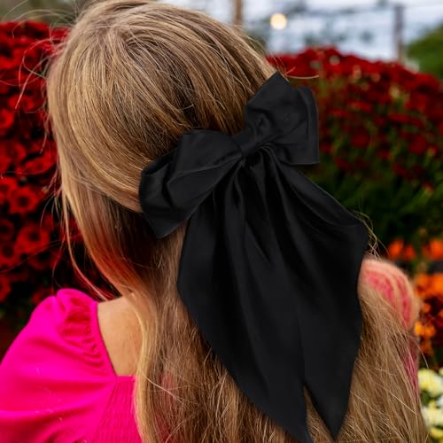Mimorou 25 Pcs Satin Hair Bows Bulk Silky Big Hair Bows for Women Oversized Long Tail Ribbons Large Knot Clips Barrettes for Holiday Gifts(Plain)