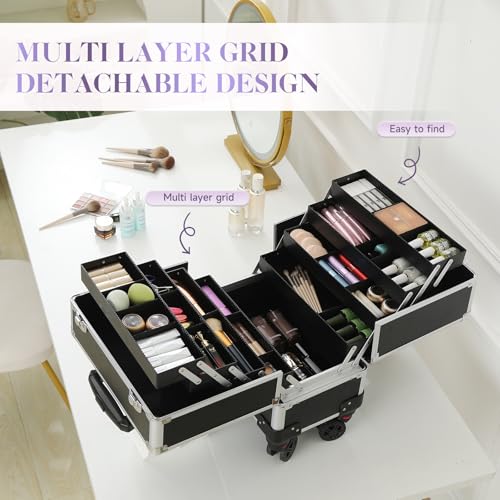 Leeora&Leekoo High-Capacity Multilayer Portable Nail Case for Nail Tech Organizer with Wheels - Lockable Makeup Case Organizer, Cosmetic Case, Makeup Train Case (Black)