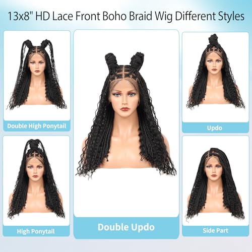 12inch 13x8 Hd Lace Front Braided Wigs for Women Knotless Boho Braided Wigs Short Box Braid Wig with Baby Hair Premium Synthetic Curly Braided Lace Front Wigs Natural Black