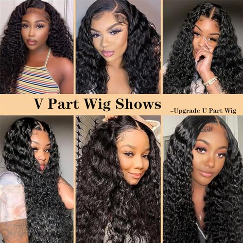 ROYAL IMPRESSION V Part Deep Wave Human Hair Wigs Upgraded U Part Human Hair Wig Minimal Leave Out No Sew in No Glue 180% Density V Shape Clip in Half Wig Beginner Friendly (20 Inch)