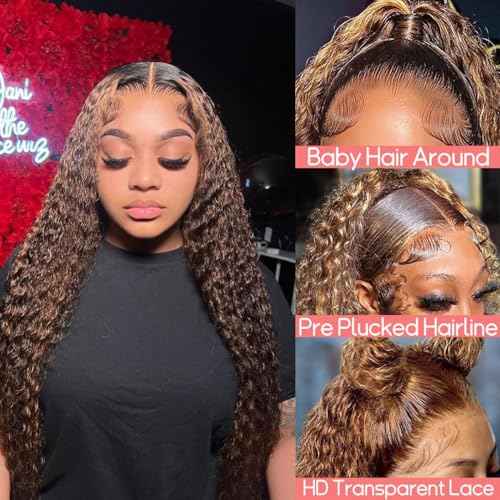 JFOOHD 28 Inch Highlight Deep Wave Lace Front Wigs Human Hair 200% Density 13x4 Deep Curly Human Hair Wig Pre Plucked P4/27 Ombre HD Lace Frontal Wigs for Women