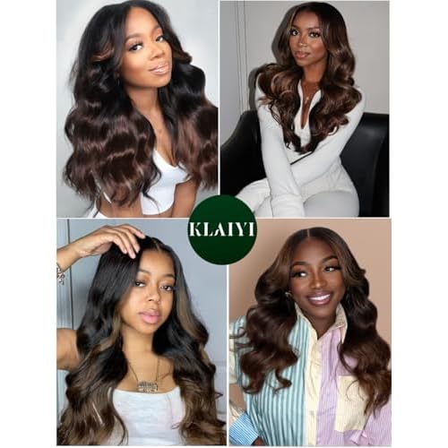KLAIYI Ombre Brown Body Wave Bundles Human Hair Extensions with Dark Roots 100% Unprocessed Brazilian Real Virgin Hair Weaves Chestnut Brown Double Wefts 12A Wavy One Bundle 24Inch Sew in Piano Color