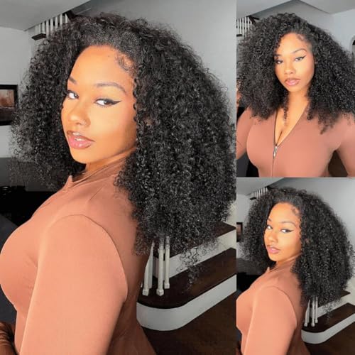 Glueless Half Wigs Human Hair Kinky-Curly Headband Wig Upgrade 3 In 1 Half Wig with Drawstring Seamless Clip Ins Flip Over 200 Density Curly Human Hair Wig For Black Women 22 Inch