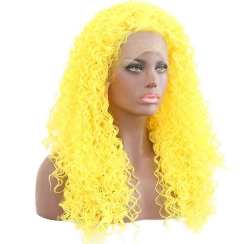 RONGDUOYI Afro Curly Synthetic Lace Front Wigs for Women Bright Yellow Long Curly Wig with Free Part 24Inch Daily Use Cosplay Party Wig