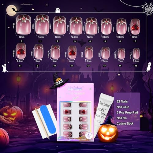Halloween Press On Nails Short - Moonfang Glow, French Tip Press On Fake Nails Acrylic Square Halloween Nails Press on with Nail Glue, Stick On Vampire Nails in 16 Sizes - 32 PCS Soft Gel Kit