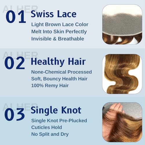 ALHER 4/27 Honey Blonde Highlight Body Wave Closure 13x4 Lace Frontal Human Hair Ombre Colored Wavy 12A Virgin Remy Hair Undetectable Transparent Melt Ear to Ear Lace Frontal Closure 20 Inch