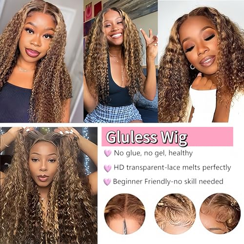 Highlight Ombre 4/27 Human Hair Wear and Go Glueless Wigs Deep Wave Curly Wet and Wavy Lace Front Pre Plucked Pre Cut 5x5 HD Lace Closure Wigs for Black Women (highlight ombre 4/27, 22 Inch)