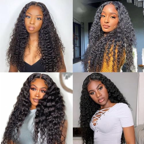 Deep Wave Bundles Human Hair 3 Bundles 12A Brazilian Virgin Human Hair Deep Curly Wave Extensions 100% Unprocessed Human Hair Weave Bundles Natural Black Color 14-18 Inch