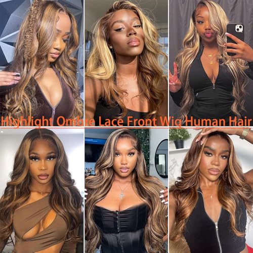 Honey Blonde Ombre Lace Front Wig Human Hair Pre Plucked 13x4 HD Transparent 4/27 Highlight Lace Frontal Wigs with Baby Hair 200% Density Colored Body Wave Lace Front Wigs For Women 22 Inch