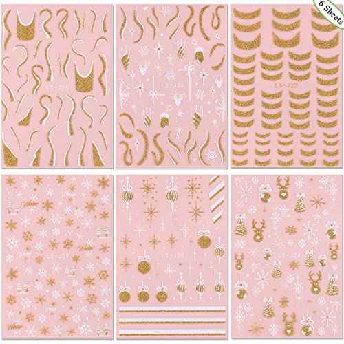 6 Sheets 3D Snowflakes Nail Art Stickers Self-Adhesive Nail Art Supplies Christmas Nail Stickers White Gold Design Shiny Frosted French Stripe Elk Xmas Tree Winter Nail Decals for Women DIY Nail Decor