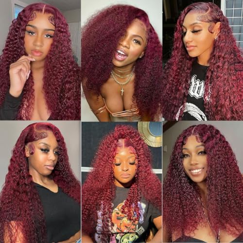 99J Burgundy 13x4 Deep Wave Lace Front Wigs Human Hair HD Transparent Lace Frontal Wig Human Hair Pre Plucked 99j Burgundy Deep Curly Wigs Human Hair For Women 180% Density 20 Inch