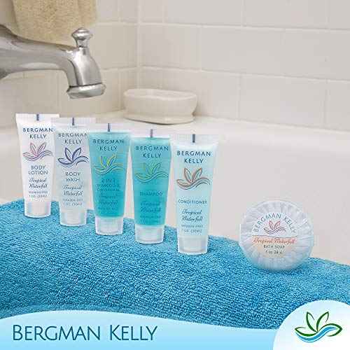 BERGMAN KELLY Hotel Toiletries Bundle (Tropical Waterfall, 1 oz each, 200 Pieces) 4-Piece Set: 50 Rectangular Bar Soap, 50 Shampoo, 50 Conditioner & 50 Body Lotion - Bulk Mini Guest Amenities