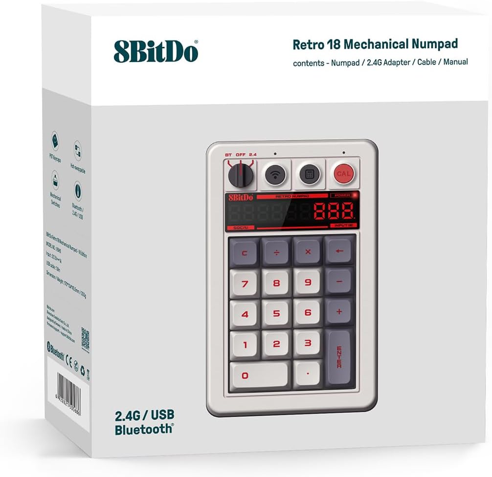 AKNES 8bitdo Retro 18 Mechanical 2-in-1 PC Numpad and Calculator, Bluetooth/2.4G/Wired for Windows and Android - M Edition