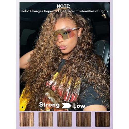 Honey Blonde Highlight Deep Wave 13x4 Lace Frontal Closure Only Human Hair, 12A Virgin 100% Hand Tied Ear to Ear Ombre Brown HD Transparent Frontal Pre Plucked P4/27 Curly Lace Frontal Remy 18In