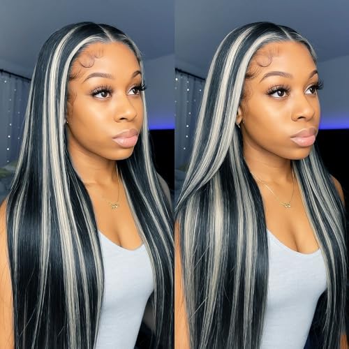 Black with Grey Highlights Wig Human Hair Lace Front Wigs for Black Women Pre Plucked with Baby Hair 180% Density 13x4 Balayage Wear and Go Glueless Wigs Human Hair Straight 16 Inch Tiny Knots