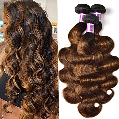 UNice Ombre Brown Highlight Body Wave Human Hair Weave 1 bundle 24 inch, Brazilian Remy Hair Dark Root Blonde Human Hair Weaves Extension Piano Color TFB30