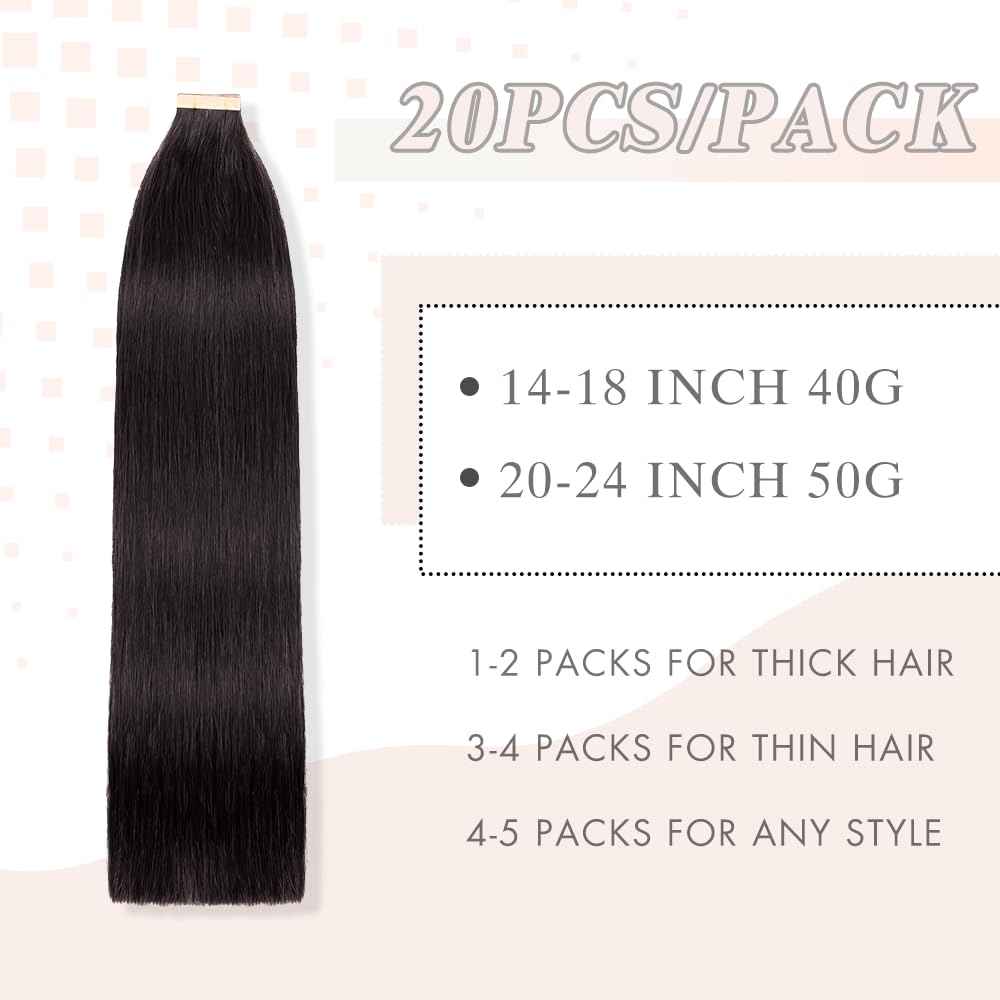 Human Hair Tape in Extensions, Natural Black Hair Extensions Real Human Hair 20 Inch 20pcs Remy Straight Tape ins Invisible Tape in Hair Extensions Human Hair (1B#,20 Inch)
