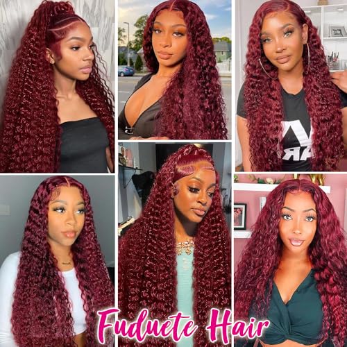 99J Burgundy Deep Wave 13x6 Lace Front Wigs Human Hair 200% Density Lace Frontal Wigs Human Hair Pre Plucked 99j Burgundy Deep Curly Wave HD Lace Front Wigs for Women (16Inch)