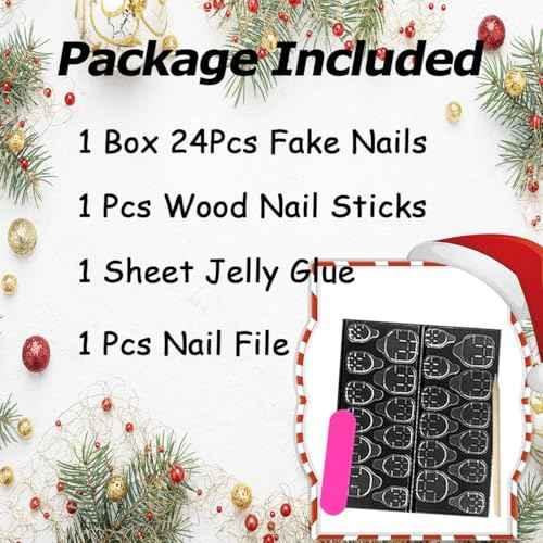 24Pcs Cute Christmas Press on Nails Medium Square French Tip Fake Nails Candy Canes Christmas Tree Light Gift Design Full Cover Xmas Glue on Nails Winter False Nails Glitter Stick on Nail for Women