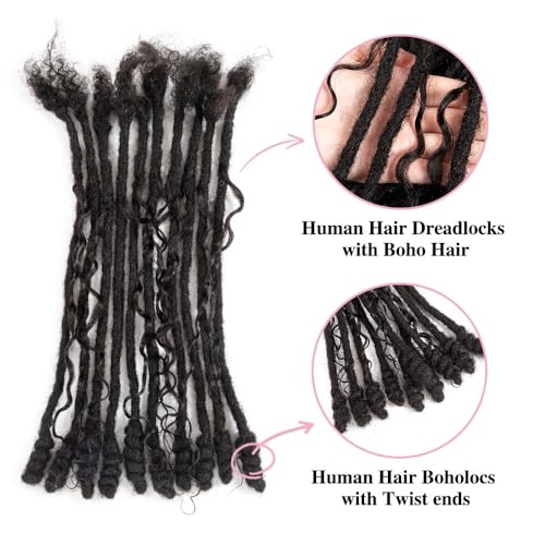 0.6 cm Human Hair Dreadlocks with Twist Ends 12 inch 30 Strands Boholocs Human Hair Handmade Dreadlock Extensions Natural Black Color Can Be Dyed Bleached Curled (1B#, 12 Inch-30 Strands)