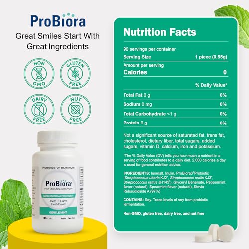ProBiora Professional Strength Oral Probiotics for Teeth and Gums | Dental Probiotic for Oral Health | Bad Breath Treatment for Adults | Tooth Whitening | ProBiora3 Probiotic Blend | 90 Mint Tablets
