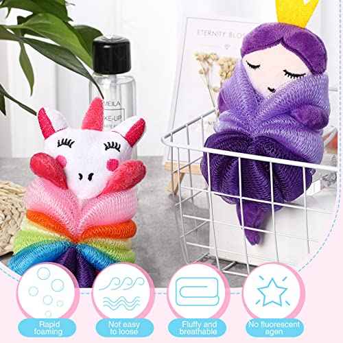 Nuenen 2 Pcs Bath Loofahs Kids Toddler Cute Cartoon Bath Sponges Loofah Pouf Body Scrubber Mesh Sponges for Children Shower Washing Exfoliating(Unicorn, Princess)