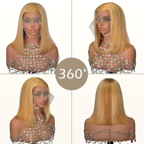Highlight Blonde Bob Wigs Human Hair Strwberry Blonde mix with Bleach Blonde Short Bob Wig Human Hair for Women 13x4 HD Lace Front Wig Pre Pluckd Glueless Wigs 180% Density Bleached Knots