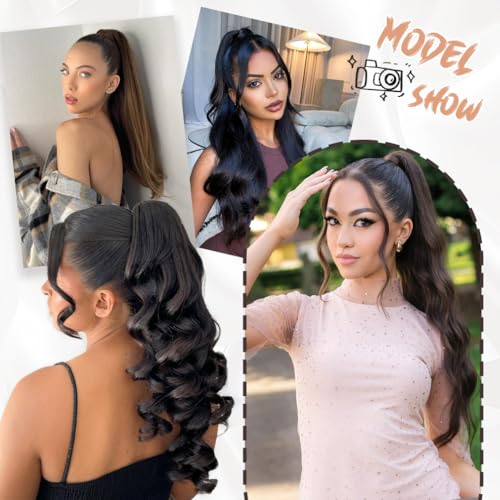 Ponytail Extension Human Hair 18 Inch Dark Brown to Chestnut Brown Silky Straight Clip in Hair Extensions Wrap Around Ponytail Hair Piece for Girls(18 inch Dark Brown to Chestnut Brown #2P6 85G)