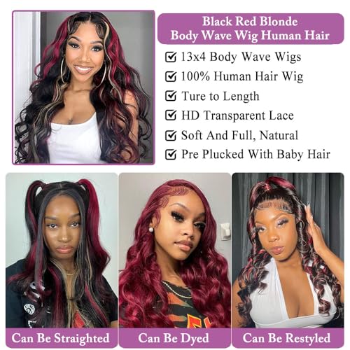 Red Blonde Highlight Wig Human Hair Body Wave Lace Front Wigs Human Hair Pre Plucked 180% Density Blonde Red Highlights 13X4 Transparent Glueless Colored Wig Human Hair for Women 16 Inch